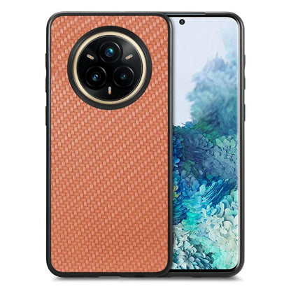 Carbon fiber texture leather phone case with camera cutout, brown.