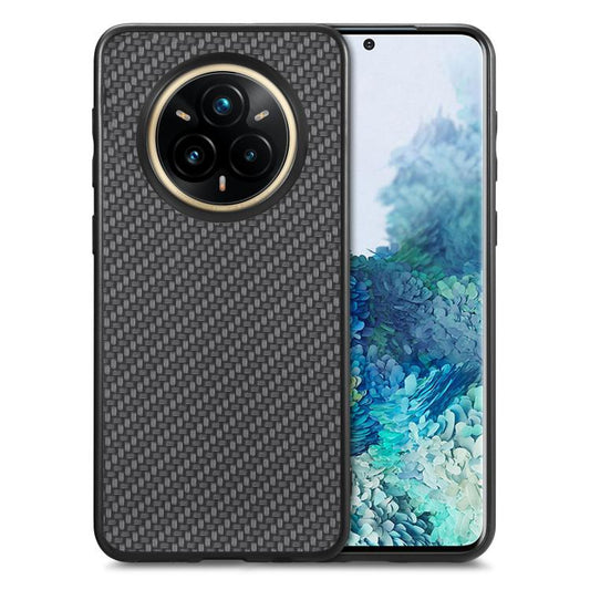 Carbon fiber texture leather phone case with camera cutout, black.