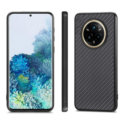 Carbon fiber texture leather phone case with camera cutout, black; side view.