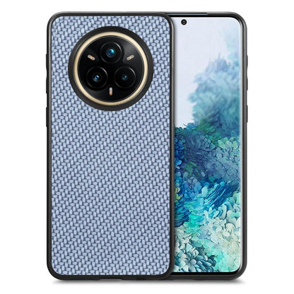 Carbon fiber texture leather phone case with camera cutout, blue.