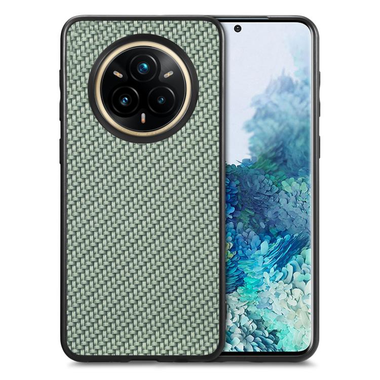 Carbon fiber texture leather phone case with camera cutout, green.