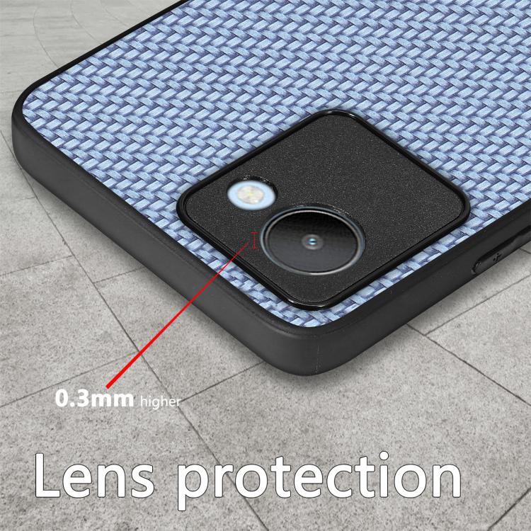 Light blue carbon-texture phone case with black bumper and camera cutout