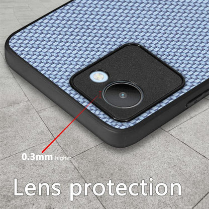 Light blue carbon-texture phone case with black bumper and camera cutout