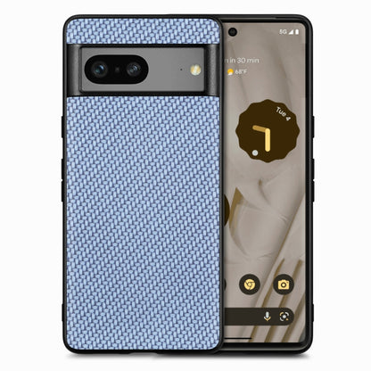 Leather back phone case with carbon-fiber texture, light blue woven finish