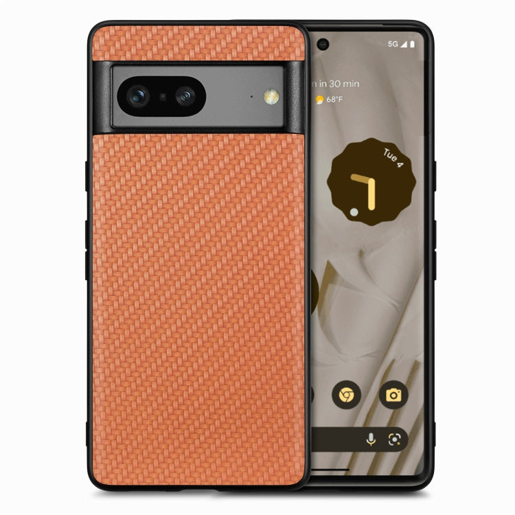 Leather back phone case with carbon-fiber texture, orange woven finish