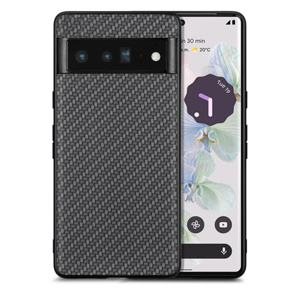 Black textured leather back phone case with carbon-fiber pattern and camera cutout