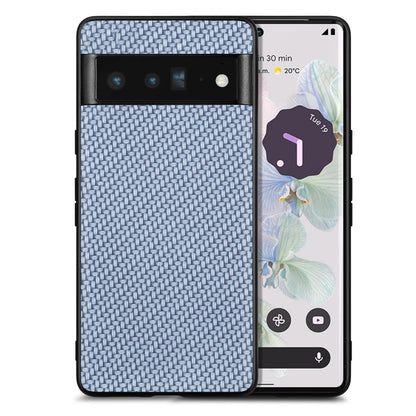 Blue textured leather back phone case with carbon-fiber pattern and camera cutout