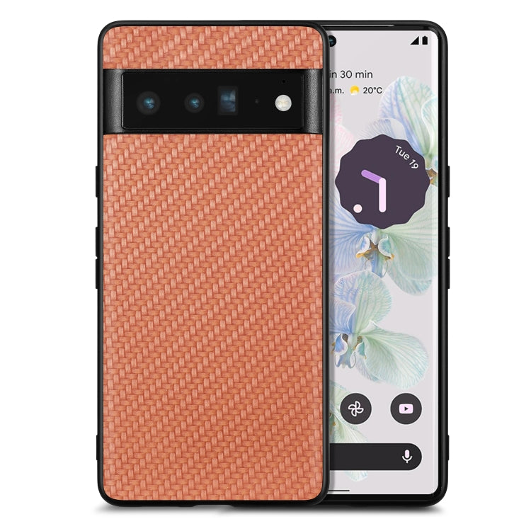 Brown textured leather back phone case with carbon-fiber pattern and camera cutout