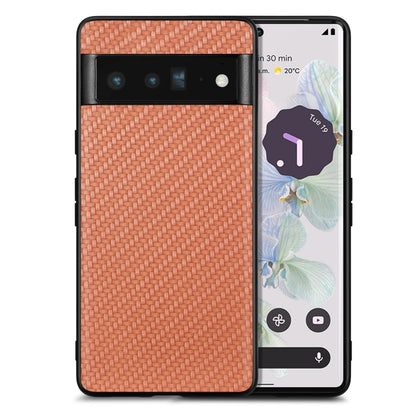 Brown textured leather back phone case with carbon-fiber pattern and camera cutout