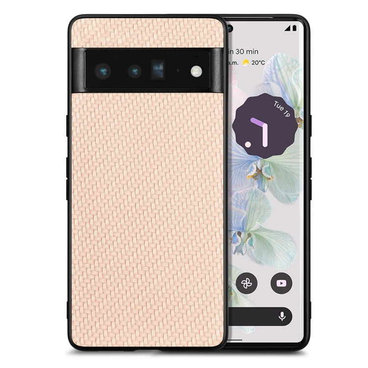 Light peach textured leather back phone case with carbon-fiber pattern and camera cutout