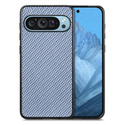 Carbon fiber texture leather phone case, light blue woven back cover with camera cutout