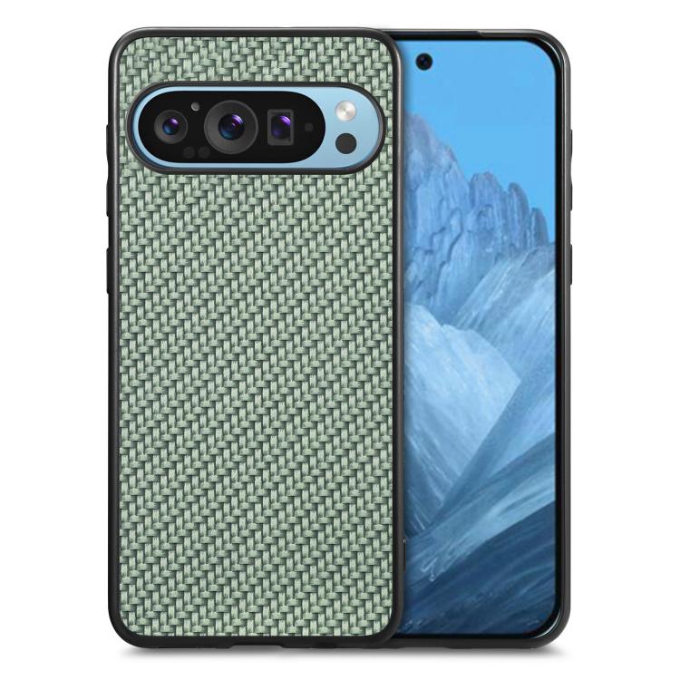 Carbon fiber texture leather phone case, green woven back cover with camera cutout