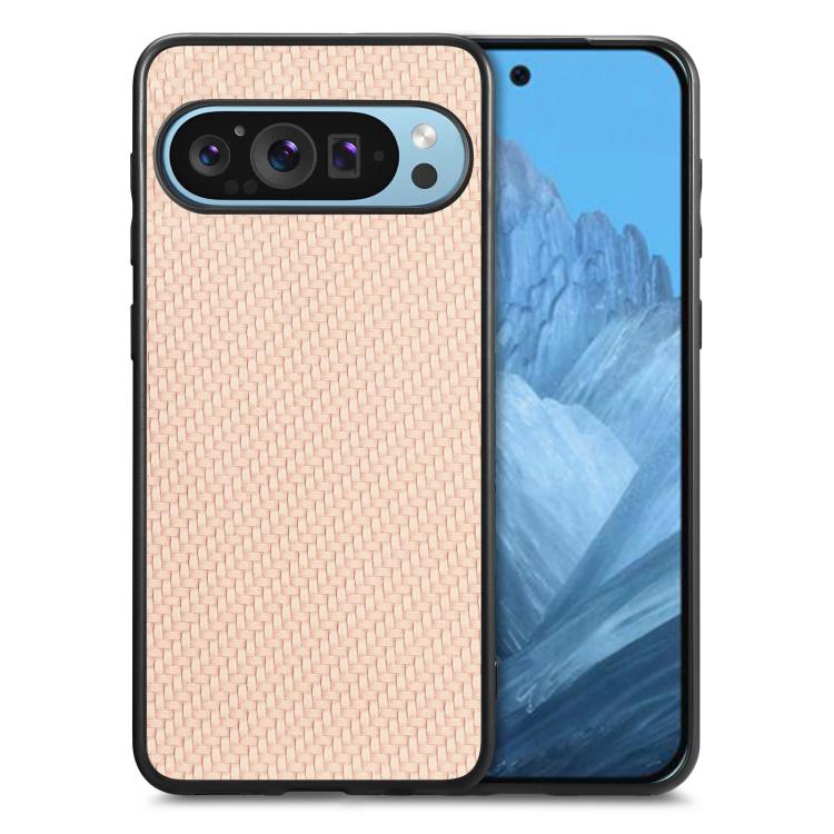 Leather back phone case with carbon-fiber texture, pink woven finish