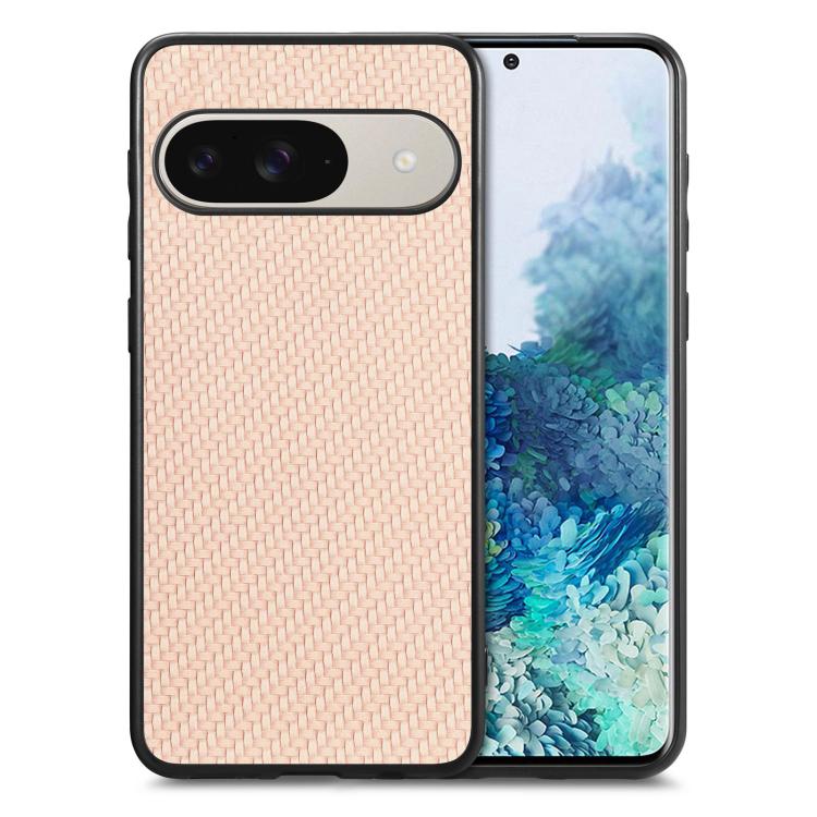 Carbon fiber texture leather-look phone case, pink-beige woven back, camera cutout