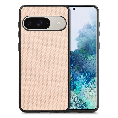 Carbon fiber texture leather phone case, tan woven back, camera cutout and buttons