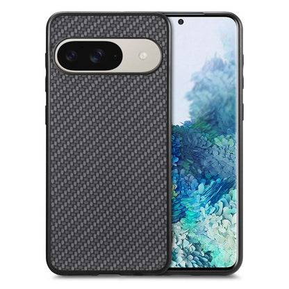 Carbon fiber texture leather phone case, black woven back, camera cutout and buttons
