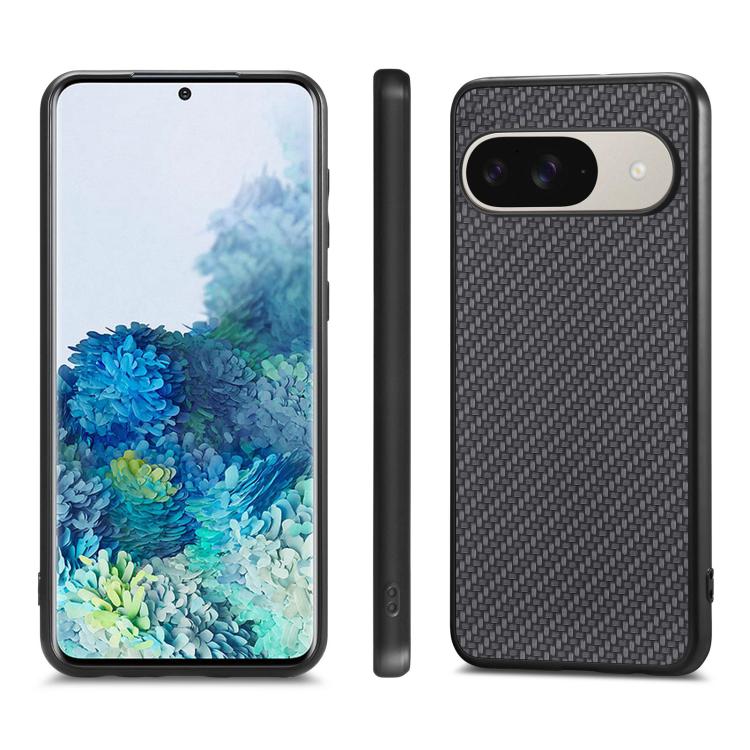 Carbon fiber texture leather phone case, black woven pattern with side view