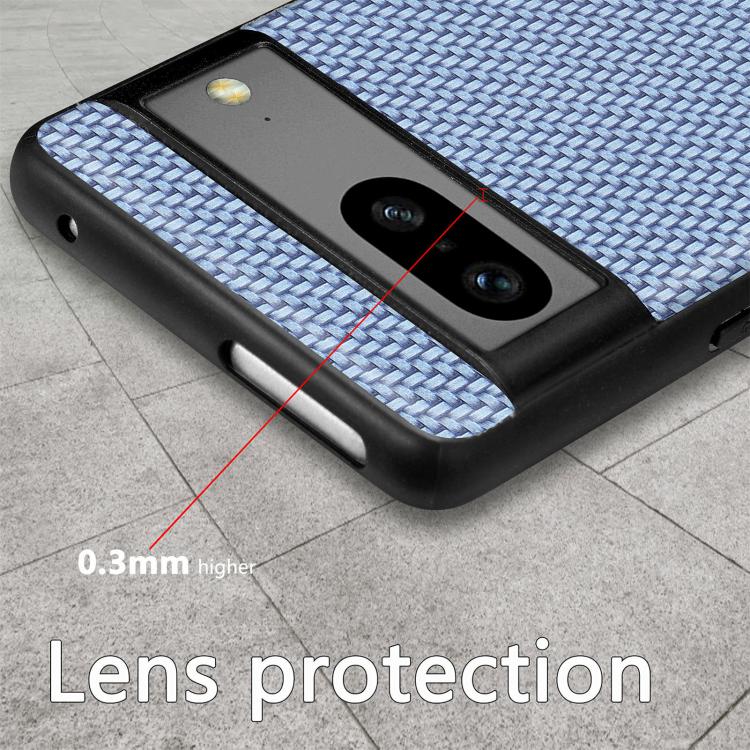 Carbon fiber textured phone case with blue woven back and dual camera cutouts.