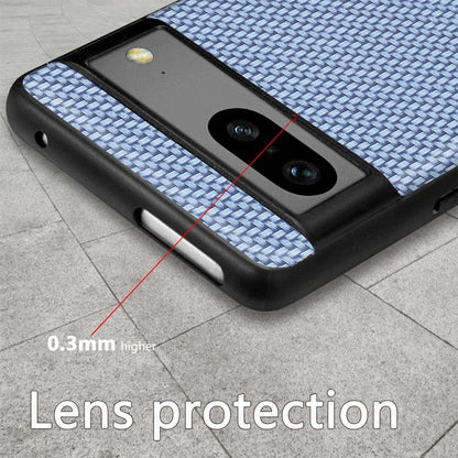 Carbon fiber textured phone case with blue woven back and dual camera cutouts.