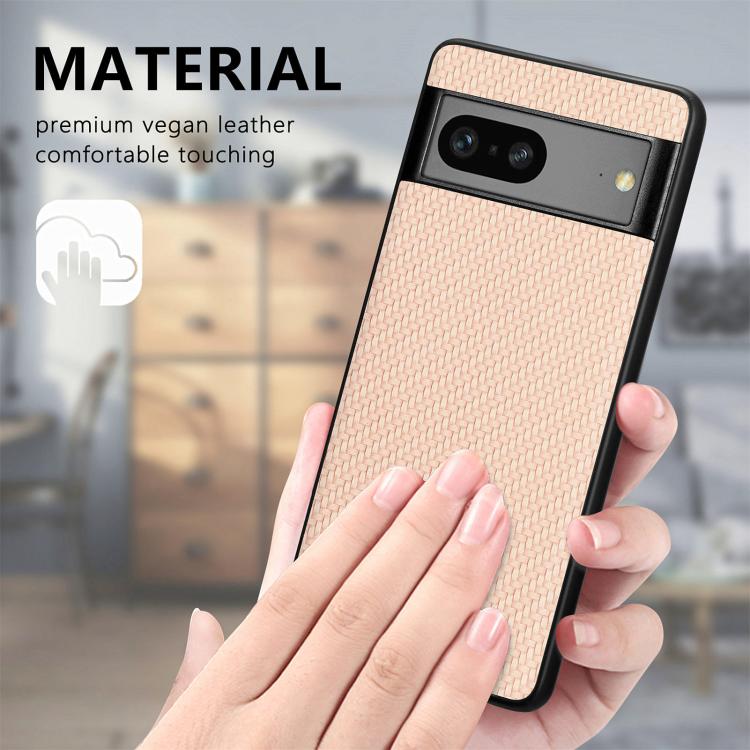 Tan woven vegan leather phone case with black bumper and dual camera cutouts.