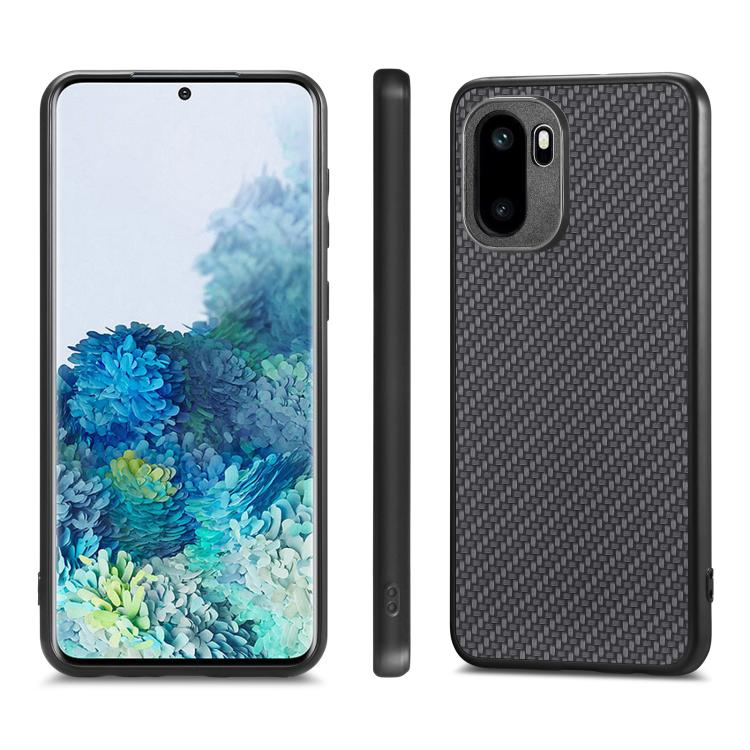 Black carbon fiber texture leather back phone case, side profile and dual camera cutout