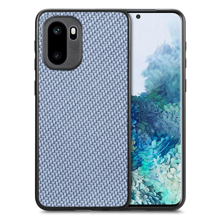 Light blue carbon fiber texture leather back phone case with dual camera cutout