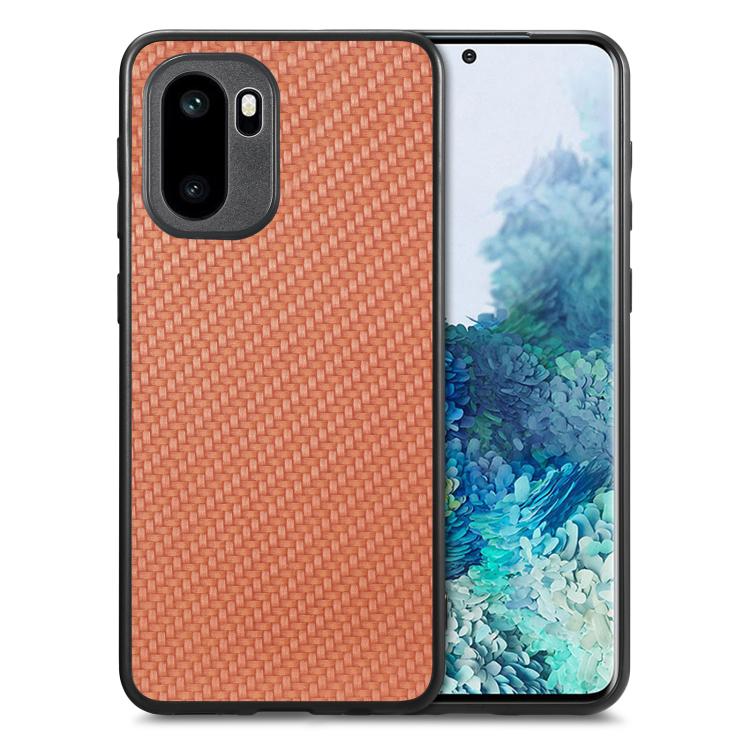 Brown carbon fiber texture leather back phone case with dual camera cutout