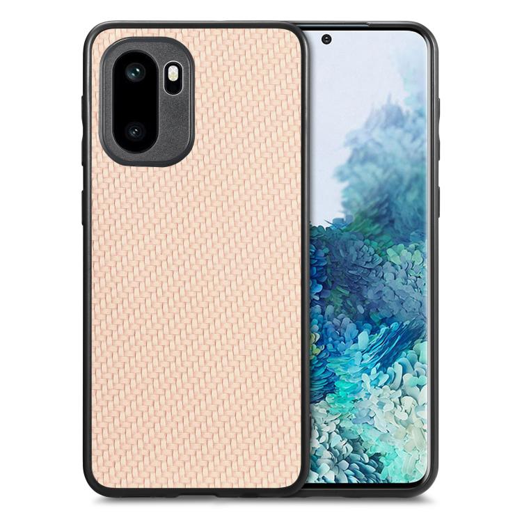 Khaki beige carbon fiber texture leather back phone case with dual camera cutout