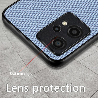 Light blue woven leather phone case with raised camera cutout and black edges