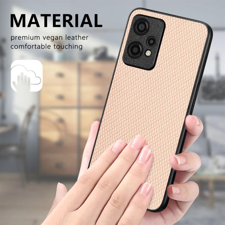 Peach woven leather phone case with raised camera cutouts and black rim