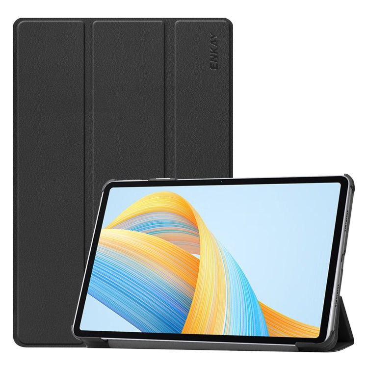 Tri-fold leather smart tablet case with stand, black, textured finish, ENKAY mark