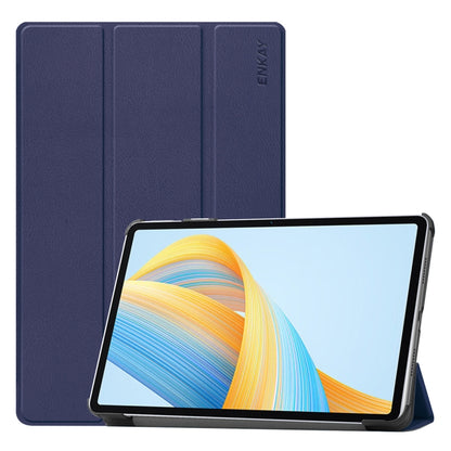Tri-fold leather smart tablet case with stand, dark blue, textured finish, ENKAY mark