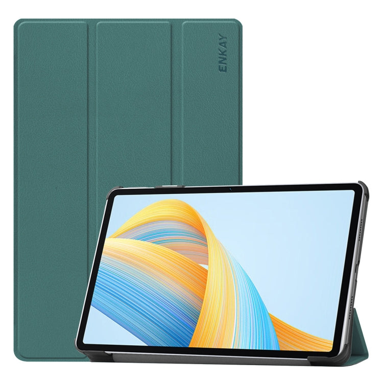Tri-fold leather smart tablet case with stand, dark green, textured finish, ENKAY mark