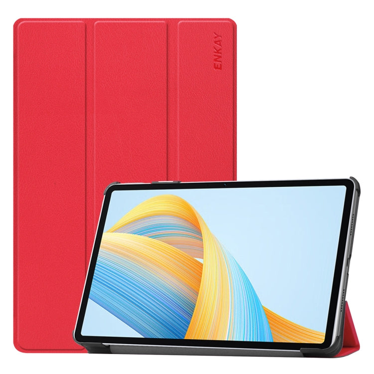 Tri-fold leather smart tablet case with stand, red, textured finish, ENKAY mark