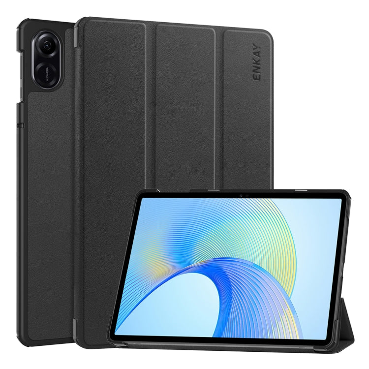 Tri-fold leather smart tablet case with stand, black, textured finish, ENKAY mark