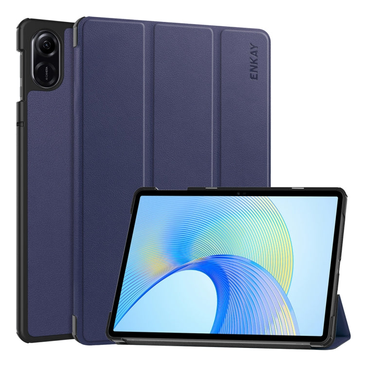 Tri-fold leather smart tablet case with stand, dark blue, textured finish, ENKAY mark