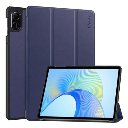 Tri-fold leather smart tablet case with stand, dark blue, textured finish, ENKAY mark