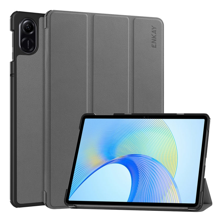 Tri-fold leather smart tablet case with stand, grey, textured finish, ENKAY mark
