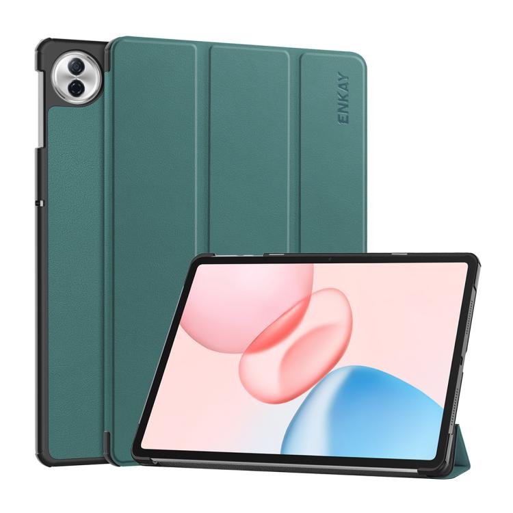ENKAY tri-fold smart tablet case in dark green with tablet front propped up