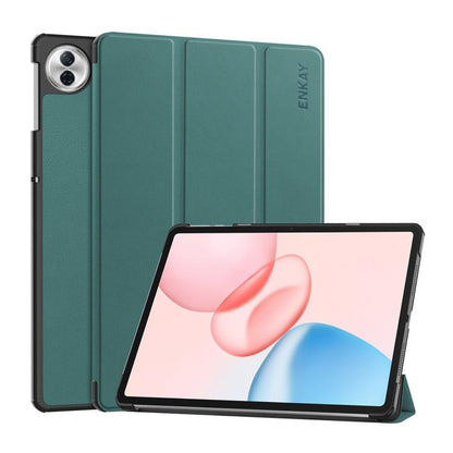 ENKAY tri-fold smart tablet case in dark green with tablet front propped up