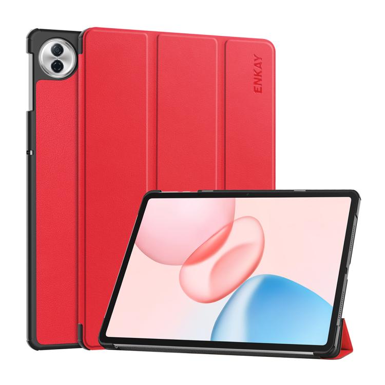 ENKAY tri-fold smart tablet case in red with tablet front supported in stand