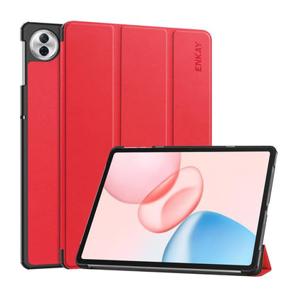 ENKAY tri-fold smart tablet case in red with tablet front supported in stand
