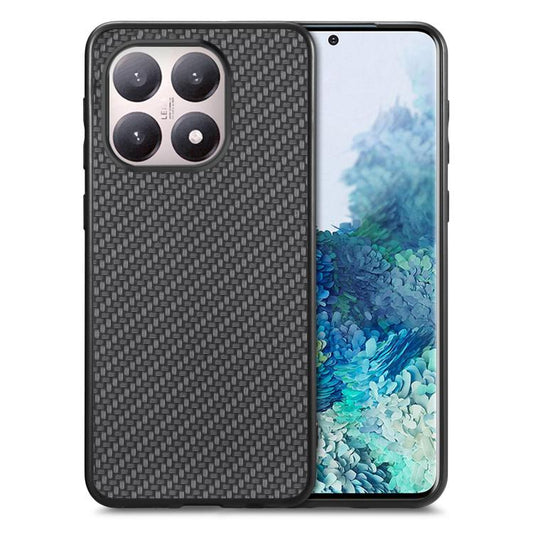 Carbon fiber texture leather phone case with black woven back and camera cutout