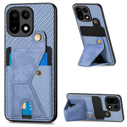 Carbon fiber wallet flip phone case with card holder and K-style stand, blue.