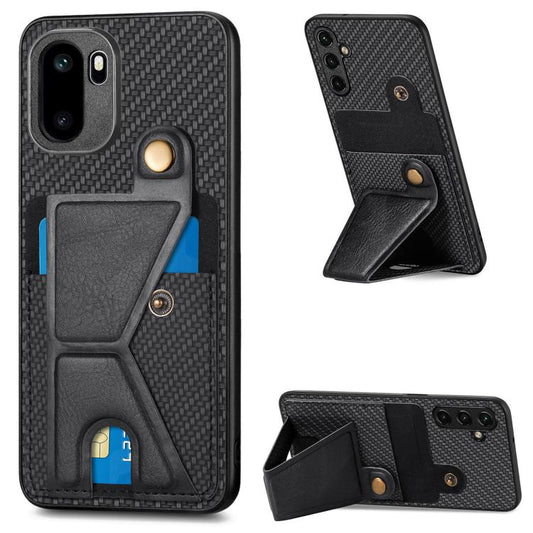 Carbon fiber wallet flip phone case with card holder and K-style stand, black.