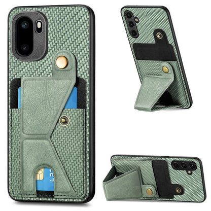 Carbon fiber wallet flip phone case with card holder and K-style stand, green.
