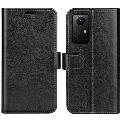 Black leather flip phone case with textured finish and cutouts for camera and ports