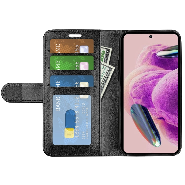 Black leather flip phone case with card slots and fold-out stand, horizontal style
