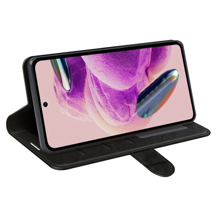 Leather flip phone case with fold-out stand for viewing, textured black finish
