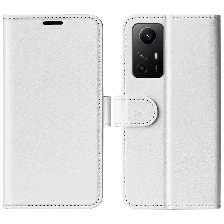 White leather flip phone case with textured finish and camera cutout